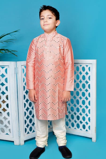 Little Boys Closet Peach Cotton, Silk Mirrors Embellished Kurta Set 