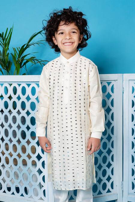 Shop_Little Boys Closet_White Cotton, Silk Mirrors Embellished Kurta Set _at_Aza_Fashions