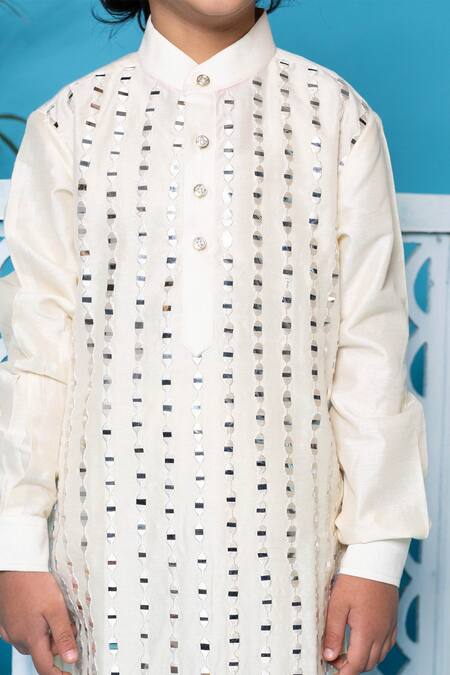 Little Boys Closet_White Cotton, Silk Mirrors Embellished Kurta Set _Online_at_Aza_Fashions