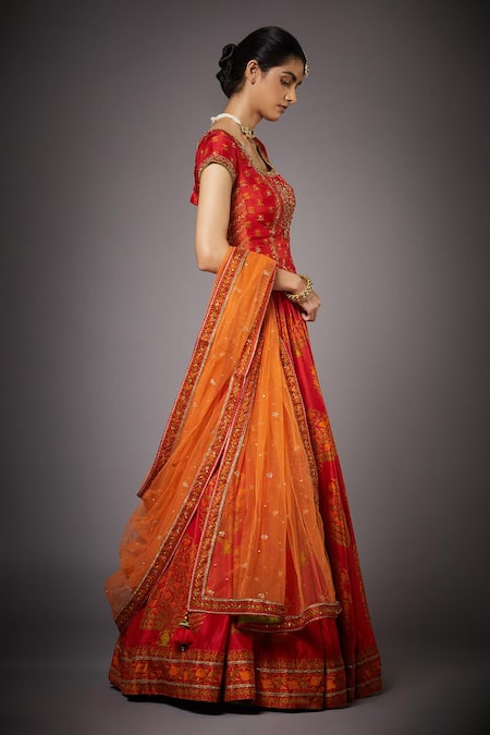 RI.Ritu Kumar_Red 15% Silk Lining - 100% Viscose Dupatta 100% Floral Print Bridal Set _Online_at_Aza_Fashions