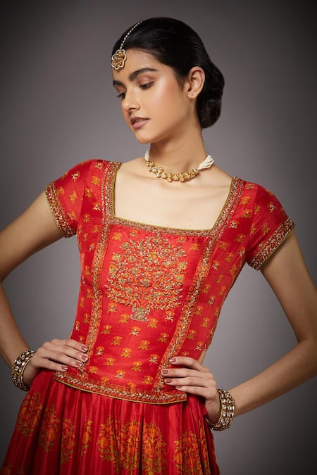 Shop_RI.Ritu Kumar_Red 15% Silk Lining - 100% Viscose Dupatta 100% Floral Print Bridal Set _Online_at_Aza_Fashions