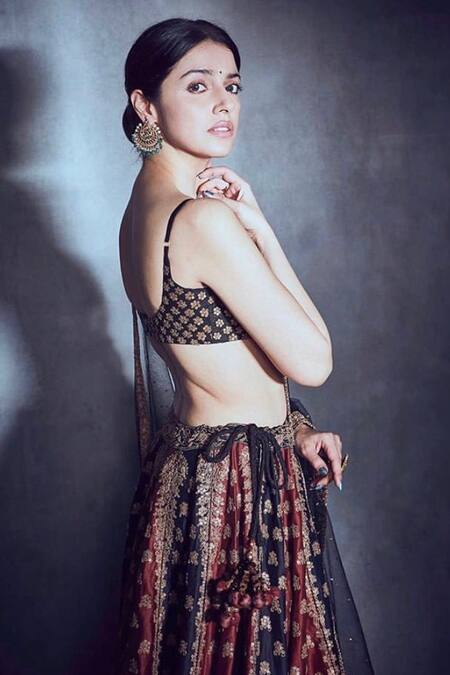 Buy_RI.Ritu Kumar_Black Silk Chanderi Round Neck Bridal Lehenga Set_Online_at_Aza_Fashions