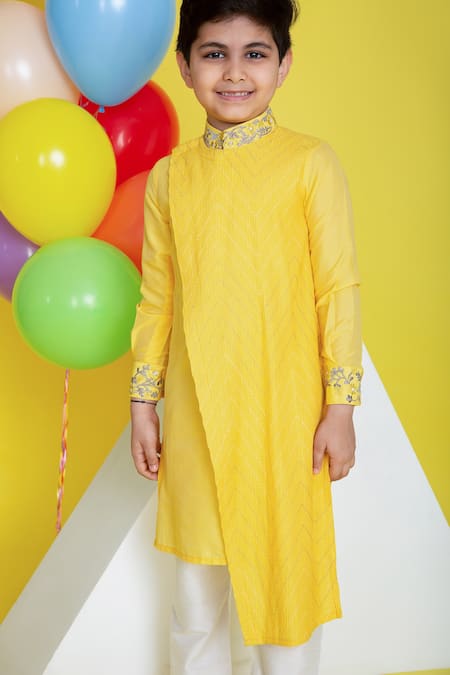 Little Boys Closet Yellow Cotton, Silk Embroidery Kurta Pyjama Set at Aza Fashions Little Boys Closet_Yellow Cotton, Silk Embroidery Kurta Pyjama Set _at_Aza_Fashions