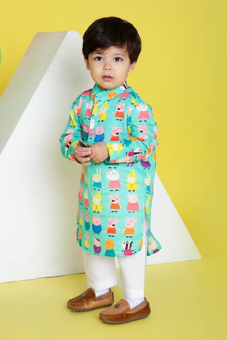 Little Boys Closet_Green Cotton Kurta Pyjama Set_Online_at_Aza_Fashions