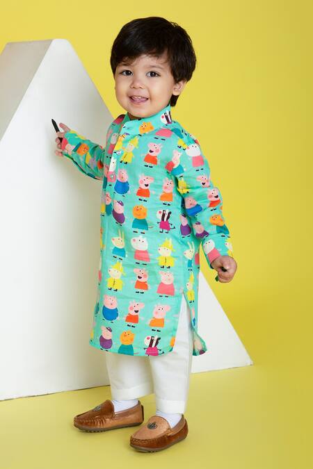 Buy_Little Boys Closet_Green Cotton Kurta Pyjama Set_Online_at_Aza_Fashions