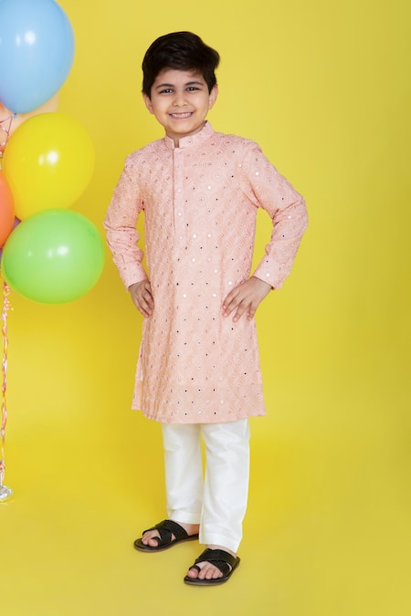 Buy Pink Georgette Embroidery Thread And Mirror Kurta Pyjama Set For Boys by LITTLE BOYS CLOSET Online at Aza Fashions