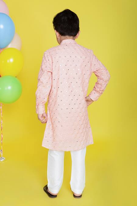 Shop Little Boys Closet Pink Georgette Embroidery Kurta Pyjama Set at Aza Fashions Shop_Little Boys Closet_Pink Georgette Embroidery Kurta Pyjama Set_at_Aza_Fashions