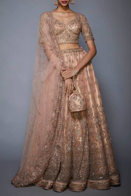 RI.Ritu Kumar_Pink Net V-shaped Neckline Embroidered Bridal Lehenga Set _Online_at_Aza_Fashions