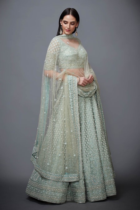 RI.Ritu Kumar_Blue Net Leaf Neck Embellished Bridal Lehenga Set _Online_at_Aza_Fashions