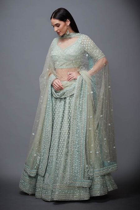 Buy_RI.Ritu Kumar_Blue Net Leaf Neck Embellished Bridal Lehenga Set _Online_at_Aza_Fashions