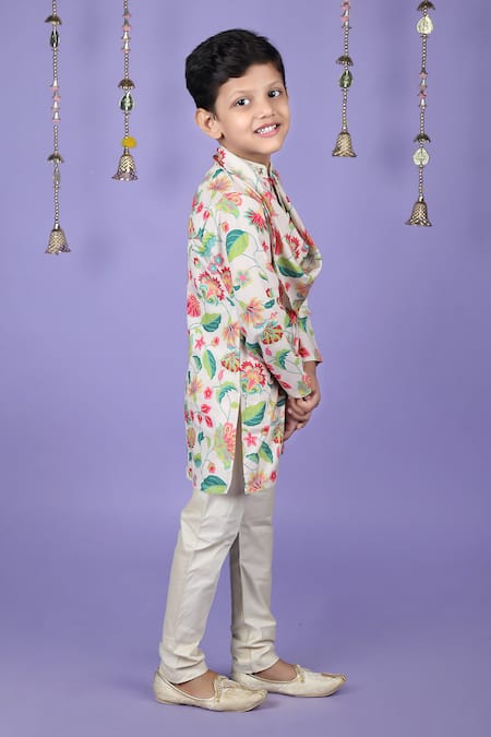 Buy_Little Brats_White Kota Doria, Rayon Embroidery Floral Printed Cowl Neck Kurta Set _Online_at_Aza_Fashions