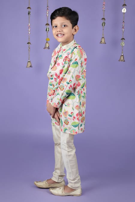 Little Brats_White Kota Doria, Rayon Embroidery Floral Printed Cowl Neck Kurta Set _Online_at_Aza_Fashions