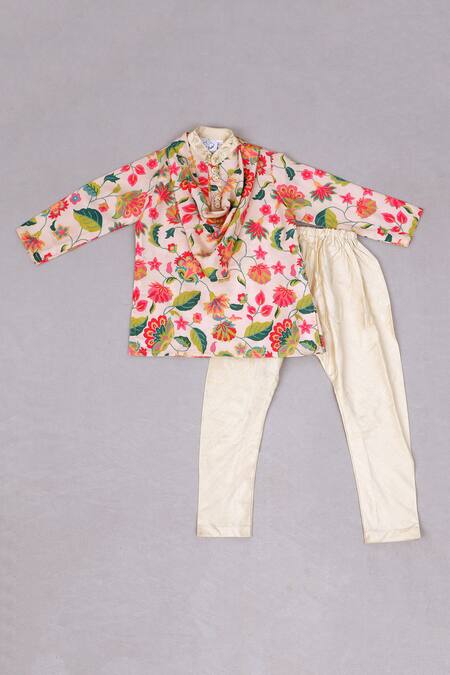 Shop_Little Brats_White Kota Doria, Rayon Embroidery Floral Printed Cowl Neck Kurta Set _Online_at_Aza_Fashions