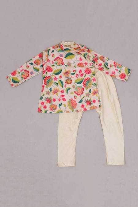 Little Brats_White Kota Doria, Rayon Embroidery Floral Printed Cowl Neck Kurta Set _at_Aza_Fashions