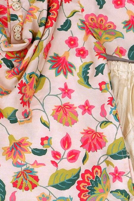 Buy_Little Brats_White Kota Doria, Rayon Embroidery Floral Printed Cowl Neck Kurta Set 