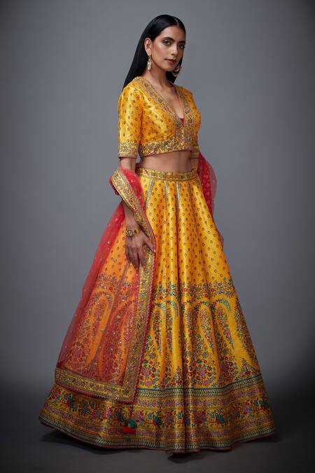 RI.Ritu Kumar_Yellow Polyester Dupion V Neck Floral Print Bridal Lehenga Set _Online_at_Aza_Fashions