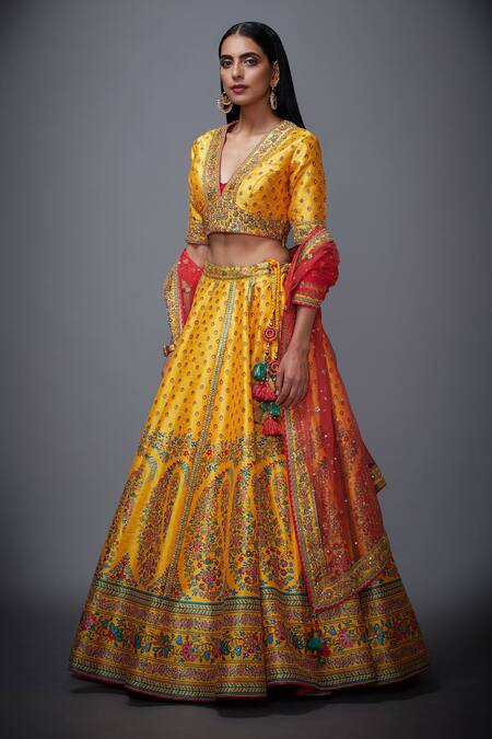 Buy_RI.Ritu Kumar_Yellow Polyester Dupion V Neck Floral Print Bridal Lehenga Set _Online_at_Aza_Fashions