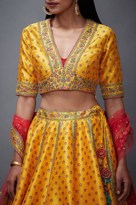 Shop_RI.Ritu Kumar_Yellow Polyester Dupion V Neck Floral Print Bridal Lehenga Set _Online_at_Aza_Fashions