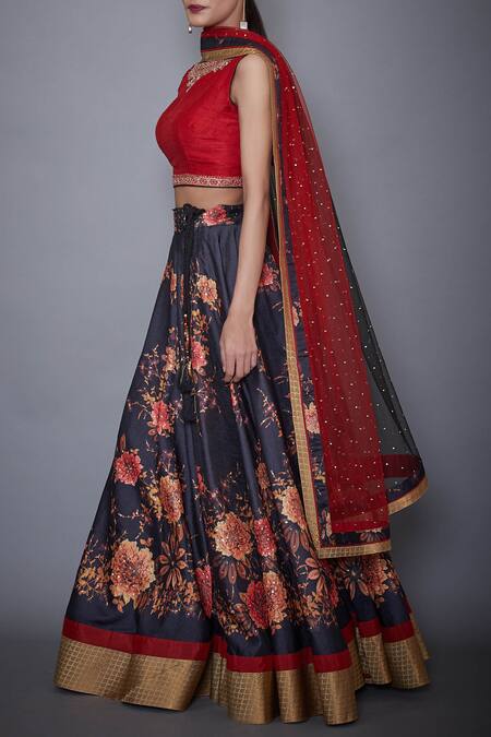 Shop_RI.Ritu Kumar_Black Poly Dupion Round Printed Lehenga Set_Online_at_Aza_Fashions