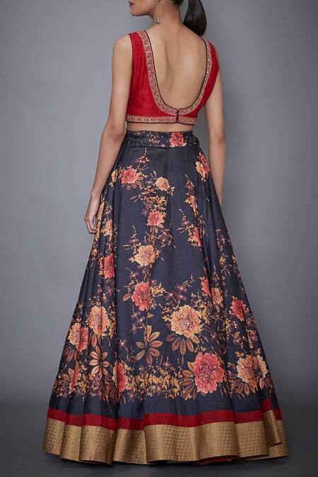 Shop_RI.Ritu Kumar_Black Poly Dupion Round Printed Lehenga Set_at_Aza_Fashions