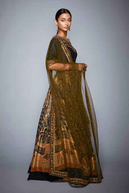 RI.Ritu Kumar_Black Poly Dupion Round Embellished Lehenga Set_Online_at_Aza_Fashions