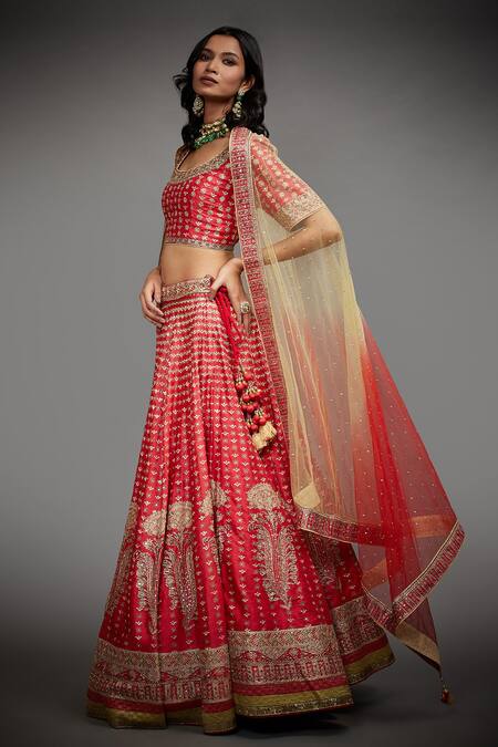 Buy_RI.Ritu Kumar_Red Polyester Dupion U Neck Embroidered Bridal Lehenga Set _Online_at_Aza_Fashions