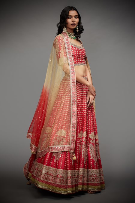 Shop_RI.Ritu Kumar_Red Polyester Dupion U Neck Embroidered Bridal Lehenga Set _Online_at_Aza_Fashions