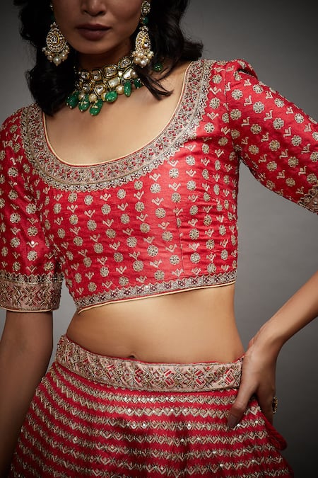 RI.Ritu Kumar_Red Polyester Dupion U Neck Embroidered Bridal Lehenga Set _at_Aza_Fashions
