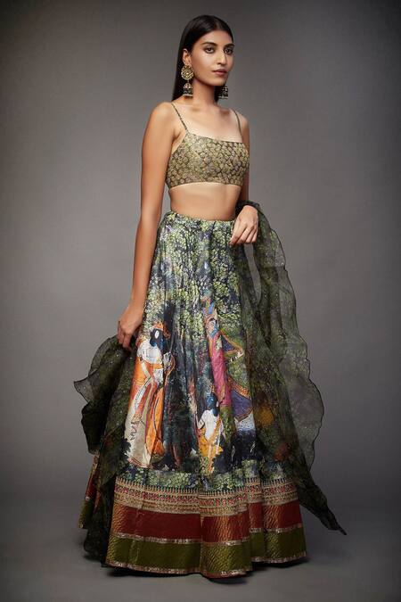 RI.Ritu Kumar Green Lehenga Polyester Blouse Silk Lining Viscose Printed Bridal Set Online at Aza Fashions RI.Ritu Kumar_Green Lehenga Polyester Blouse Silk Lining Viscose Printed Bridal Set_Online_at_Aza_Fashions