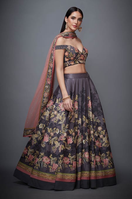 RI.Ritu Kumar_Black Poly Dupion V Neck Floral Print Lehenga Set _Online_at_Aza_Fashions