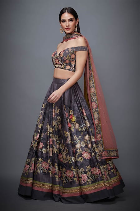 Buy_RI.Ritu Kumar_Black Poly Dupion V Neck Floral Print Lehenga Set _Online_at_Aza_Fashions