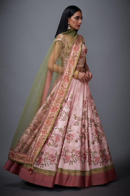 RI.Ritu Kumar_Pink Poly Dupion Leaf Neck Floral Print Lehenga Set _Online_at_Aza_Fashions