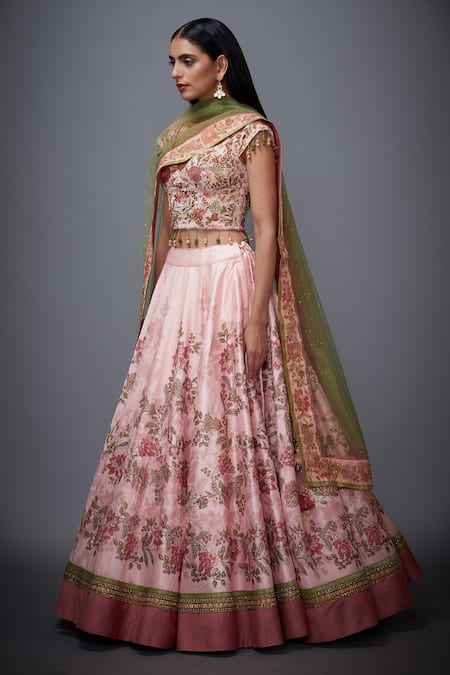 Buy_RI.Ritu Kumar_Pink Poly Dupion Leaf Neck Floral Print Lehenga Set _Online_at_Aza_Fashions