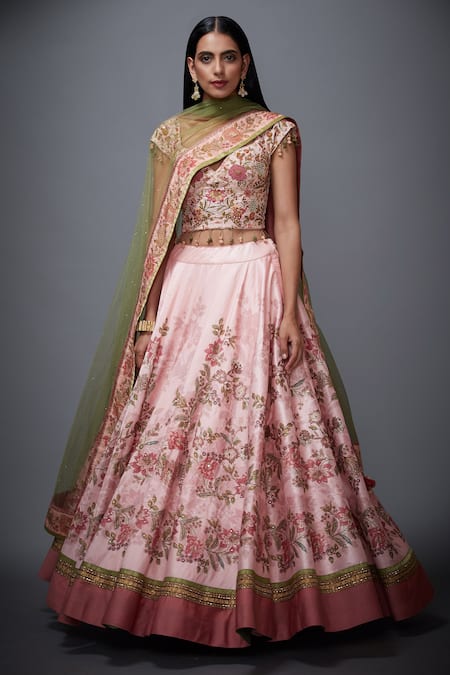 Shop_RI.Ritu Kumar_Pink Poly Dupion Leaf Neck Floral Print Lehenga Set _Online_at_Aza_Fashions
