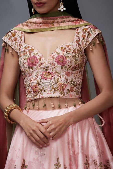 RI.Ritu Kumar_Pink Poly Dupion Leaf Neck Floral Print Lehenga Set _at_Aza_Fashions