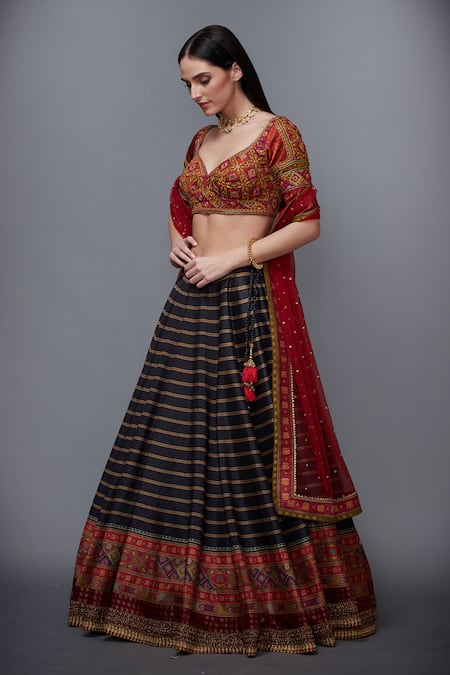 Shop_RI.Ritu Kumar_Black Poly Dupion Leaf Neck Striped Lehenga Set _Online_at_Aza_Fashions