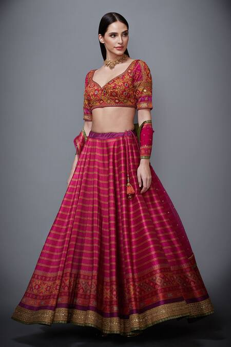 RI.Ritu Kumar_Pink Poly Dupion Leaf Neck Striped Lehenga Set_Online_at_Aza_Fashions