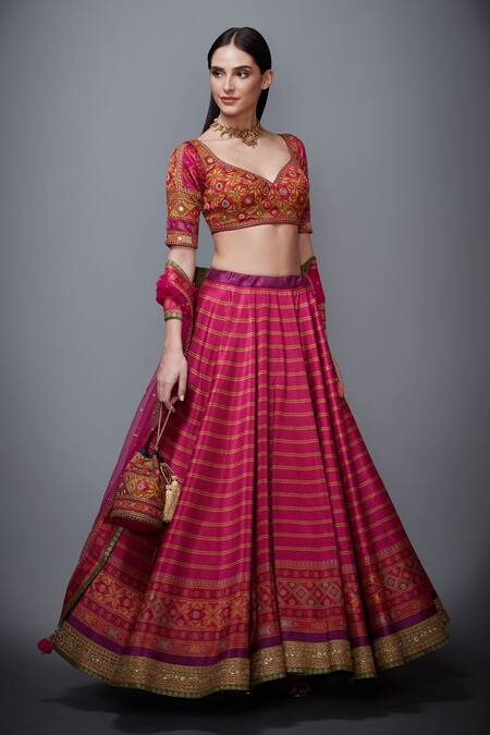 Buy_RI.Ritu Kumar_Pink Poly Dupion Leaf Neck Striped Lehenga Set_Online_at_Aza_Fashions
