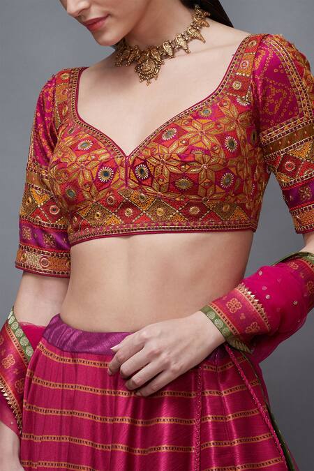 RI.Ritu Kumar_Pink Poly Dupion Leaf Neck Striped Lehenga Set_at_Aza_Fashions