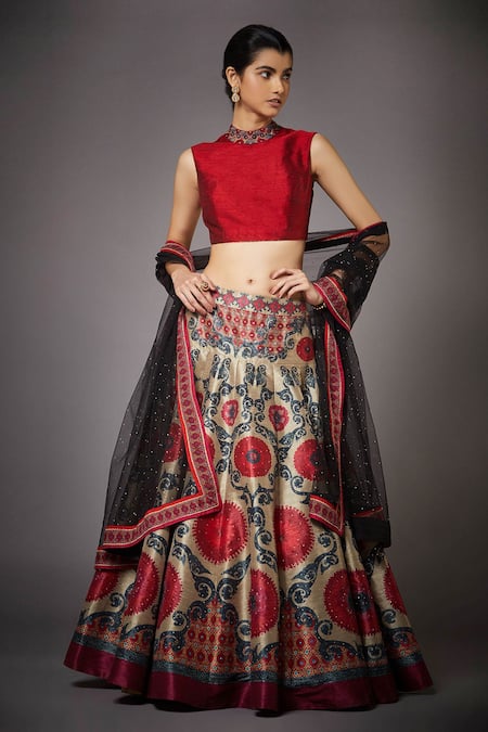 Buy RI.Ritu Kumar Beige Lehenga Polyester Lining Viscose Blouse Silk Printed Panelled Set Online at Aza Fashions Buy_RI.Ritu Kumar_Beige Lehenga Polyester Lining Viscose Blouse Silk Printed Panelled Set _Online_at_Aza_Fashions