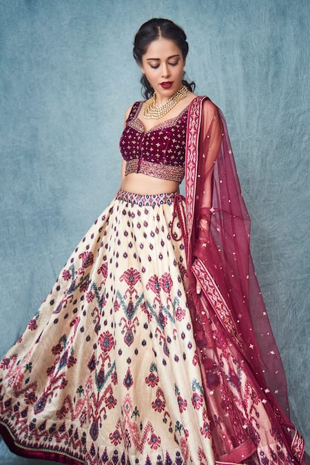 RI.Ritu Kumar Wine Poly Dupion Sweetheart Neck Printed Embroidered Bridal Lehenga Set 