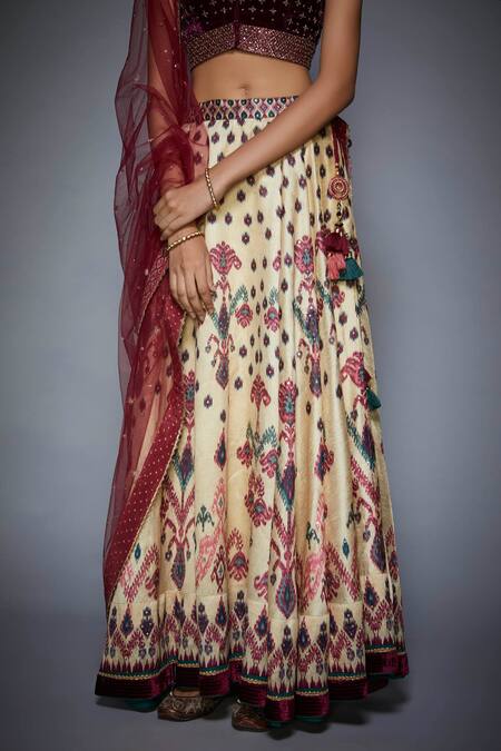 RI.Ritu Kumar Wine Poly Dupion Sweetheart Neck Printed Embroidered Bridal Lehenga Set at Aza Fashions RI.Ritu Kumar_Wine Poly Dupion Sweetheart Neck Printed Embroidered Bridal Lehenga Set_at_Aza_Fashions