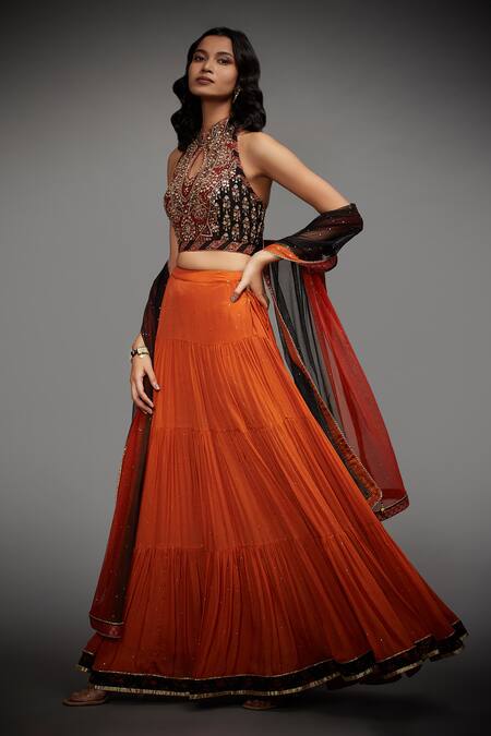 Buy_RI.Ritu Kumar_Orange Rayon Crepe Halter Neck Embroidered Lehenga Set_Online_at_Aza_Fashions