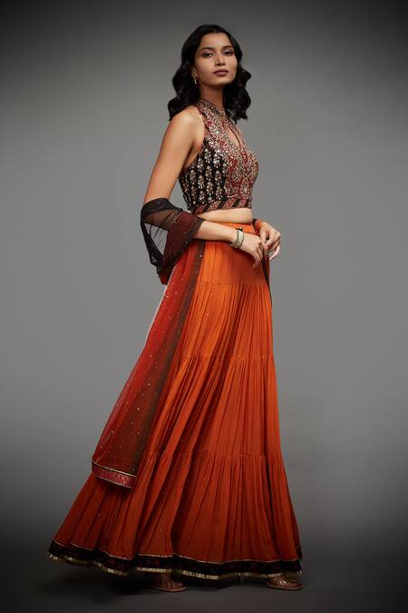 Shop_RI.Ritu Kumar_Orange Rayon Crepe Halter Neck Embroidered Lehenga Set_Online_at_Aza_Fashions