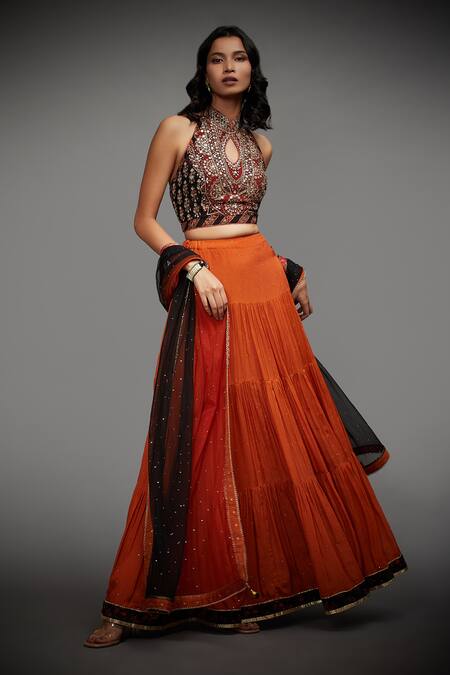 RI.Ritu Kumar_Orange Rayon Crepe Halter Neck Embroidered Lehenga Set_Online_at_Aza_Fashions