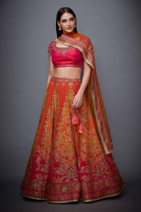 Digital Printed Organza Lehenga in Pink and Orange : LQY1835