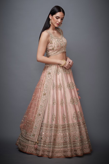 RI.Ritu Kumar Peach Silk Dupion Leaf Neck Embroidered Bridal Lehenga Set Online at Aza Fashions RI.Ritu Kumar_Peach Silk Dupion Leaf Neck Embroidered Bridal Lehenga Set _Online_at_Aza_Fashions