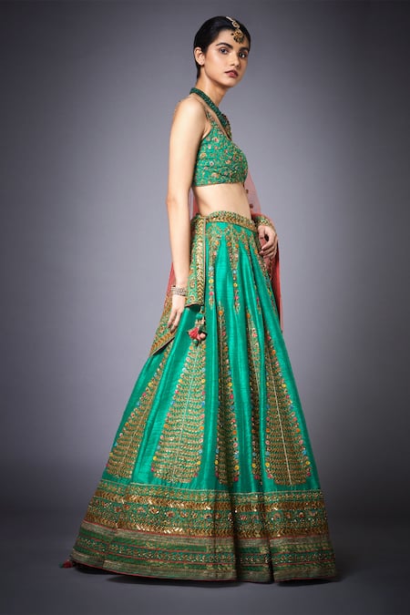 RI.Ritu Kumar_Green Silk Dupion V Neck Floral Embroidered Bridal Lehenga Set _Online_at_Aza_Fashions