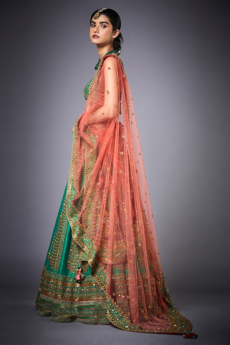 Buy_RI.Ritu Kumar_Green Silk Dupion V Neck Floral Embroidered Bridal Lehenga Set _Online_at_Aza_Fashions