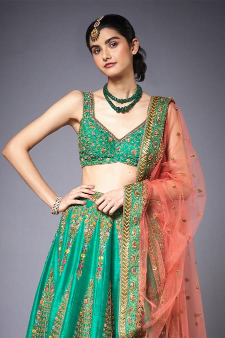 Shop_RI.Ritu Kumar_Green Silk Dupion V Neck Floral Embroidered Bridal Lehenga Set _Online_at_Aza_Fashions
